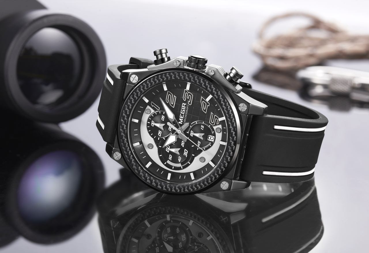 MEGIR 2051 Quartz CAR GUY Watch Silicone Band REAL CARBON FIBER Bezel BLACK & WHITE