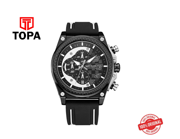 MEGIR 2051 Quartz CAR GUY Watch Silicone Band REAL CARBON FIBER Bezel BLACK & WHITE