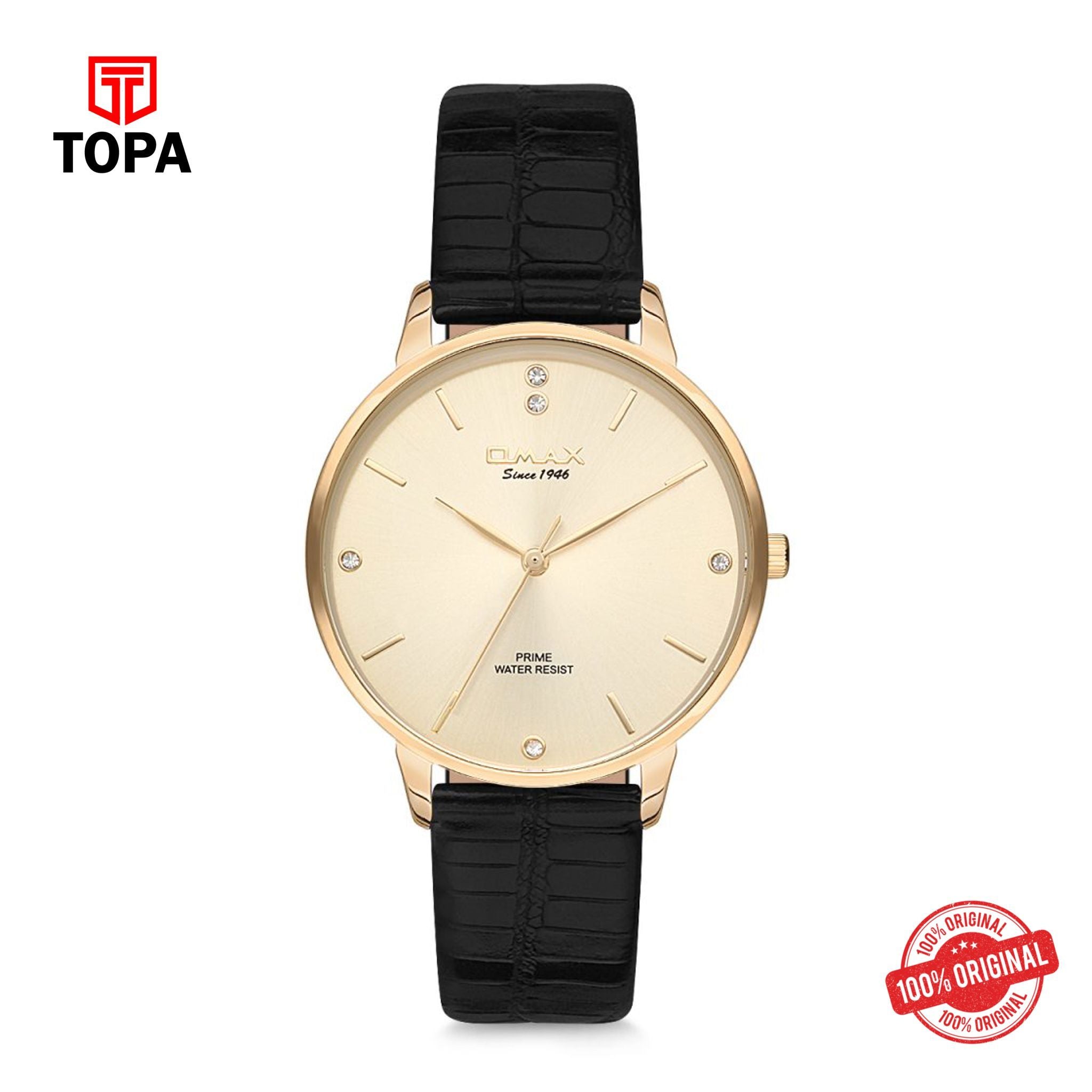 Topa Omax-Analouge-Gold-Dial-Black-Leather-Strap-Watch-for-Woman - Product Image 1