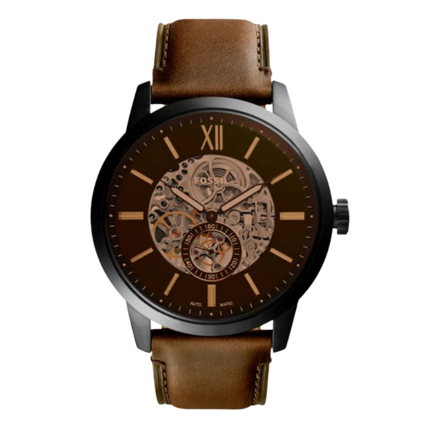 Fossil ME3155 automatic skeleton men’s watch with black stainless steel case and brown leather strap