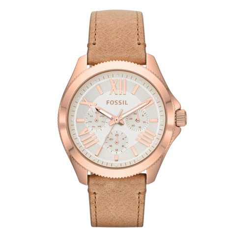 Fossil AM4532 Cecile women’s watch rose gold case brown leather strap silver dial
