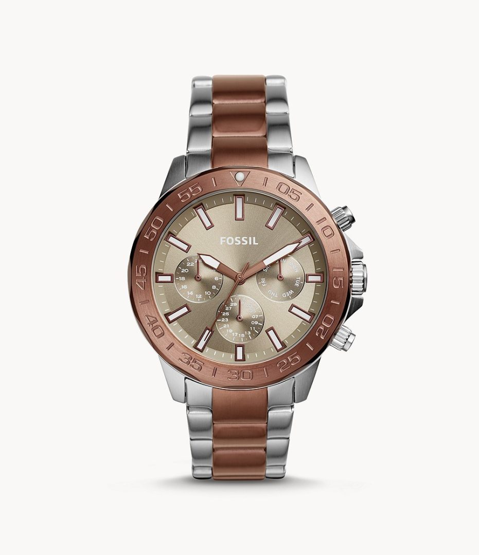 Fossil BQ2502 men's quartz chronograph watch with brown dial and two tone stainless steel bracelet