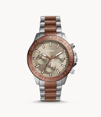 Fossil BQ2502 men's quartz chronograph watch with brown dial and two tone stainless steel bracelet