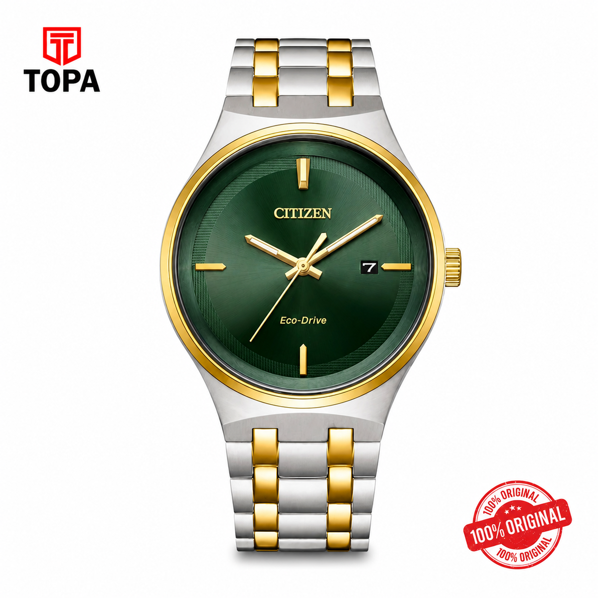Citizen BM7654-57X Eco-Drive men's green dial two-tone stainless steel analog watch with date display