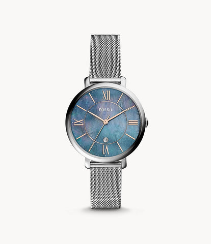 Fossil ES4322 women's quartz analog watch blue dial silver stainless steel strap