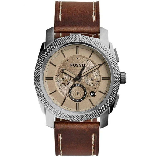 Fossil FS5215 men's quartz chronograph watch with blue dial and brown leather strap