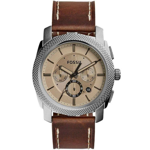 Fossil FS5215 men's quartz chronograph watch with blue dial and brown leather strap