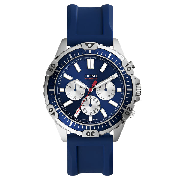 Fossil FS5709 Garrett blue dial chronograph men's watch with navy silicone strap