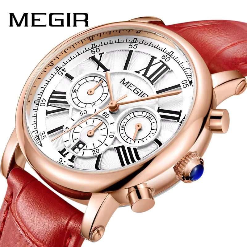 MEGIR luxury men’s chronograph wristwatch with rose gold case, white dial, Roman numeral markers, red leather strap, and multifunction sub-dials.
