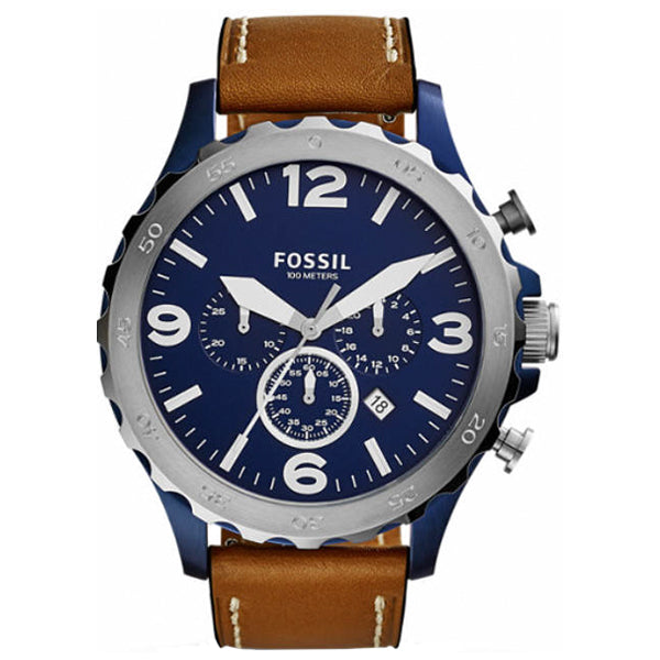 Fossil JR1504 Nate chronograph men's watch navy blue dial brown leather strap