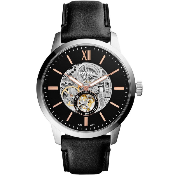 Fossil ME3153 automatic skeleton men’s watch with black dial and leather strap