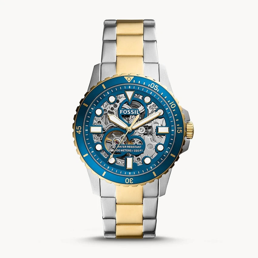 Fossil ME3191 automatic skeleton men’s watch with stainless steel case and leather strap