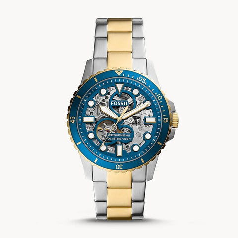 Fossil ME3191 automatic skeleton men’s watch with stainless steel case and leather strap