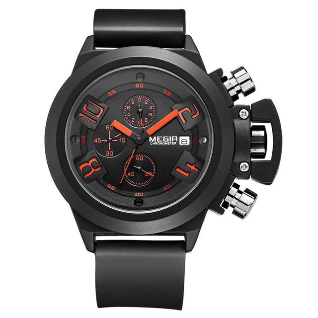 Megir MN2002G-BK-1 quartz chronograph men's watch with black silicone strap and red details