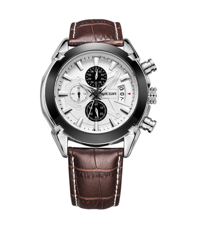 Megir ML2020GBN-7 quartz chronograph men's watch with brown leather strap and silver dial