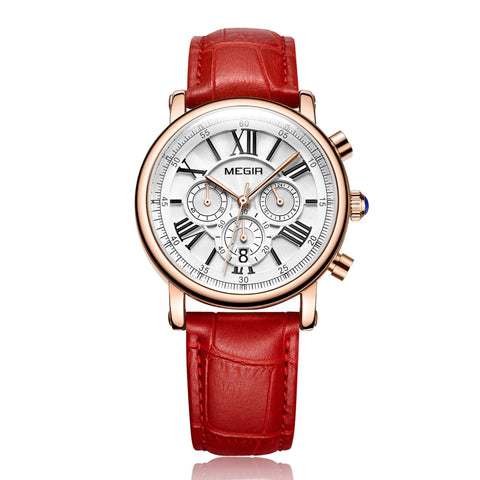 Megir ML2058LRERD-7N0 quartz chronograph women's watch with red leather strap and rose gold-tone case