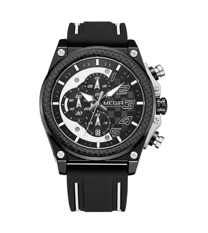 Megir MN2051G-BK-1N7 quartz chronograph men's watch with black silicone strap and black white dial