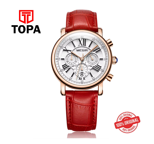MEGIR 2058 Elegant Women Chronograph Watch – Leather Strap, Day/Date, 3ATM Water Resistant