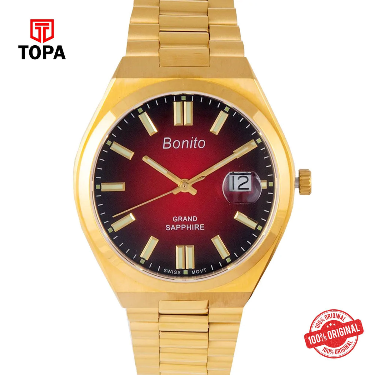 Topa Bonito-K-5130-GLD-RED-Metal-Band-Men-Watch - Product Image 1