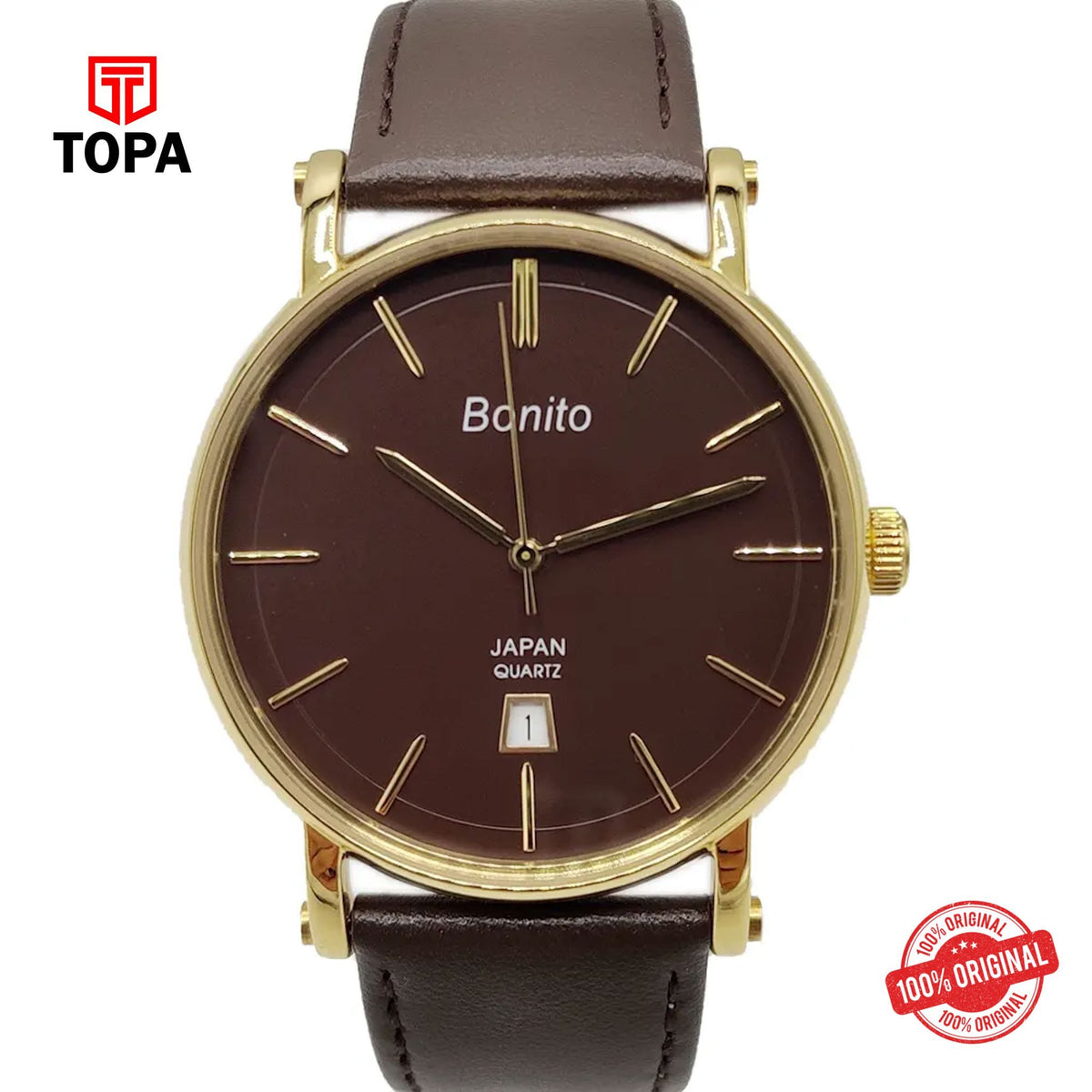 Topa Bonito-K-5143-GLD-BRW-Leather-Band-Men-Watch - Product Image 1