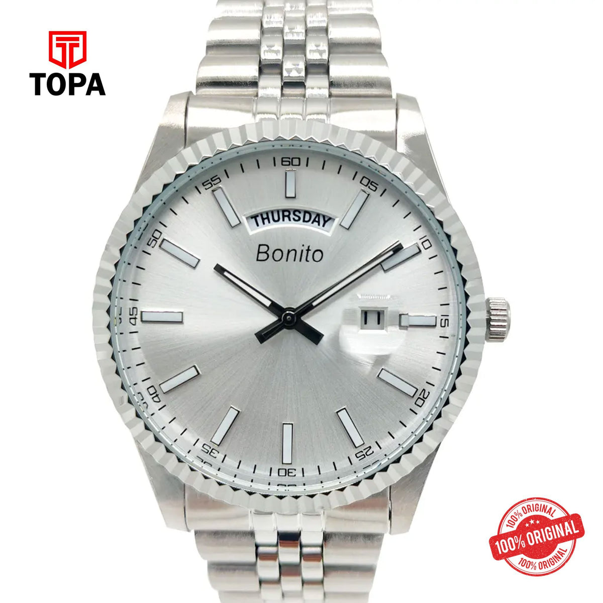 Topa Bonito-K-6007-CH-WHT-Metal-Band-Men-Watch - Product Image 1