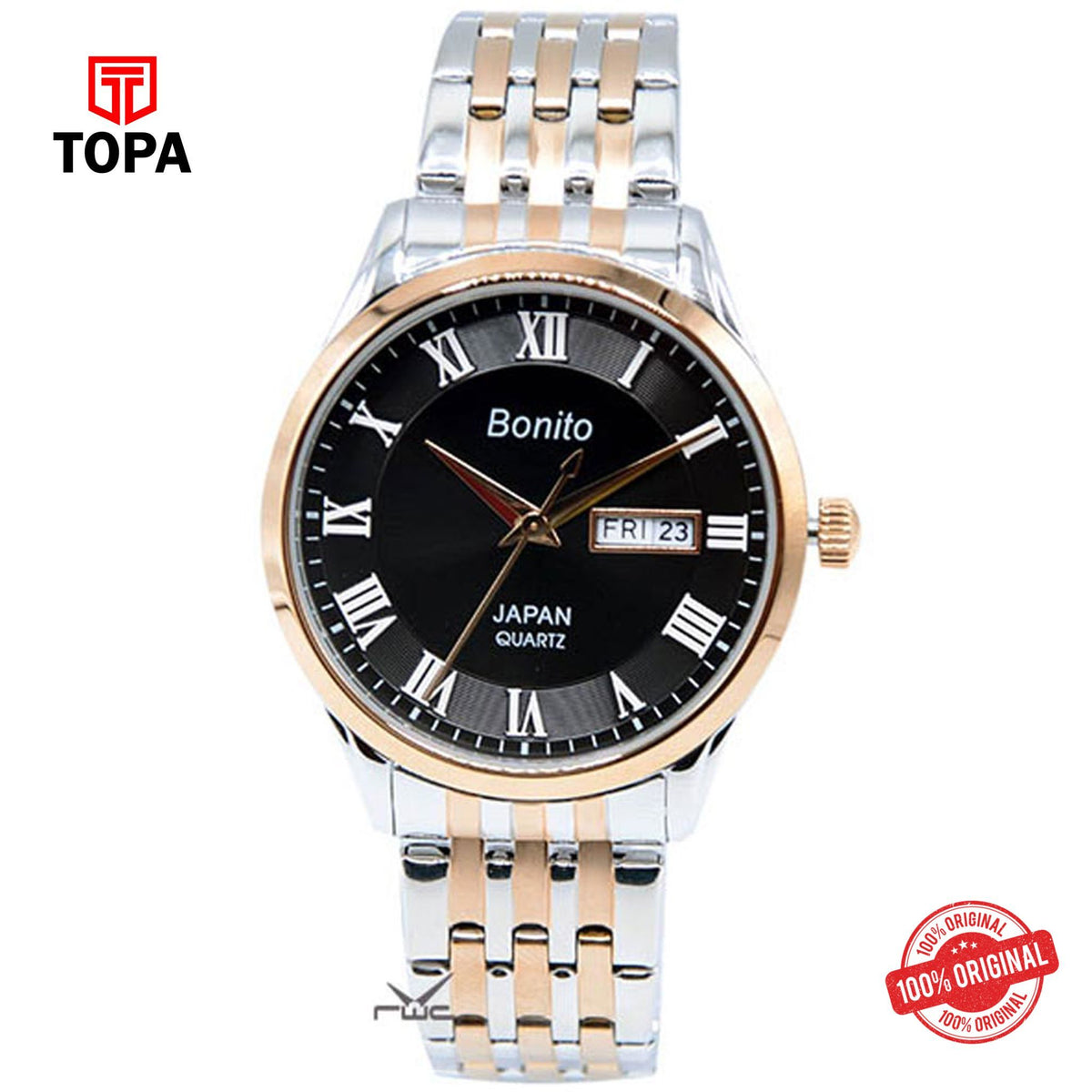 Topa Bonito-K-6124-BLK-RG-TT-Metal-Band-Men-Watch - Product Image 1