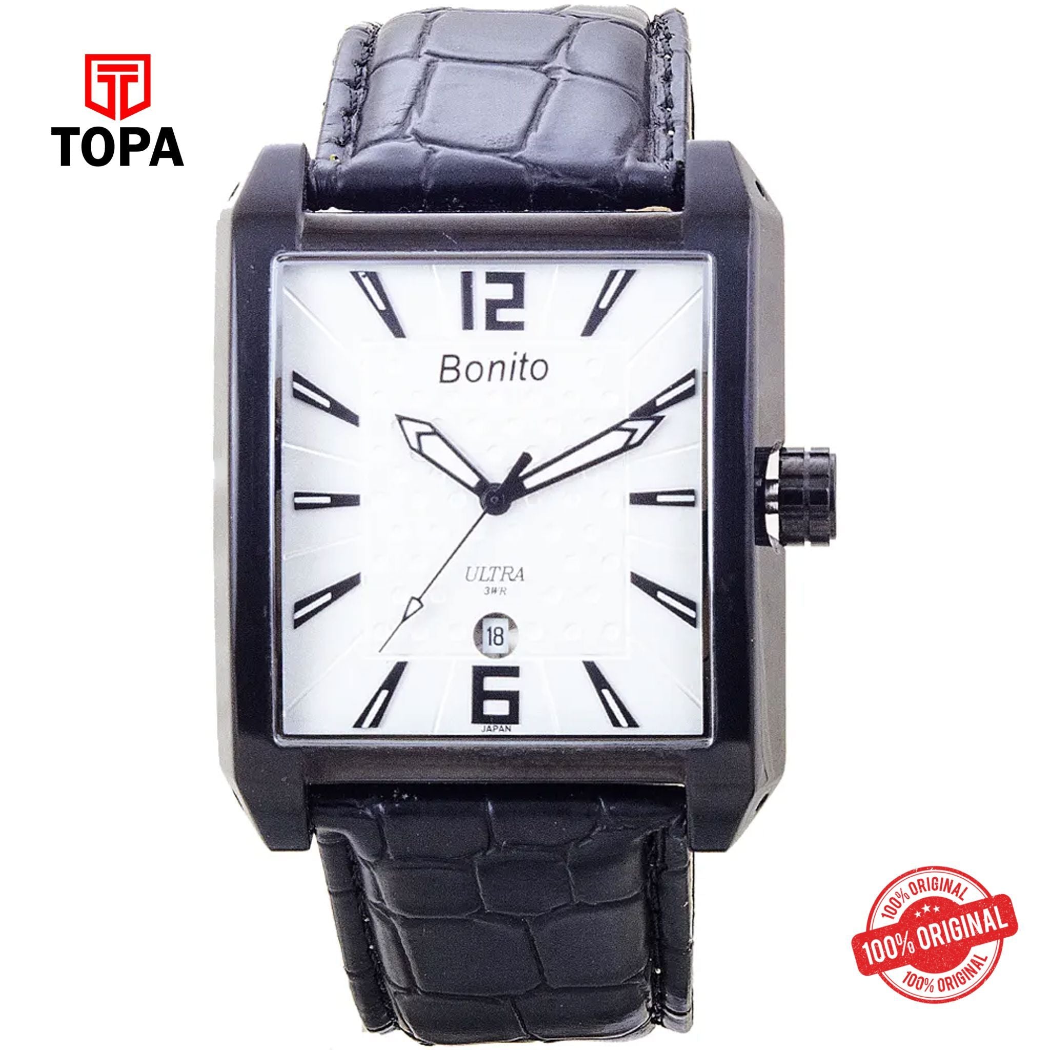 Topa Bonito-K-7000-BLK-WHT-Leather-Band-Men-Watch - Product Image 1