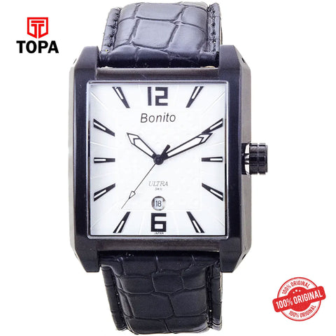 Topa Bonito-K-7000-BLK-WHT-Leather-Band-Men-Watch - Product Image 1