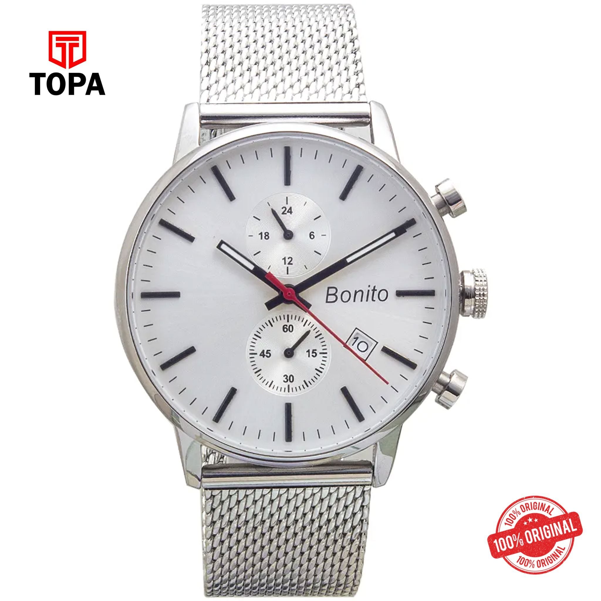 Topa Bonito-K-7017-CH-WHT-Mesh-Band-Men-Watch - Product Image 1