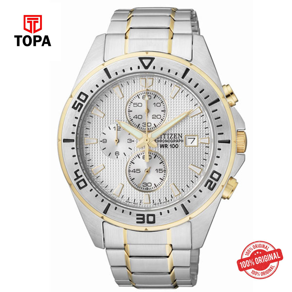Topa Citizen-Analog-White-Dial-Mens-Chronograph-Sports-Watches-AN - Product Image 1