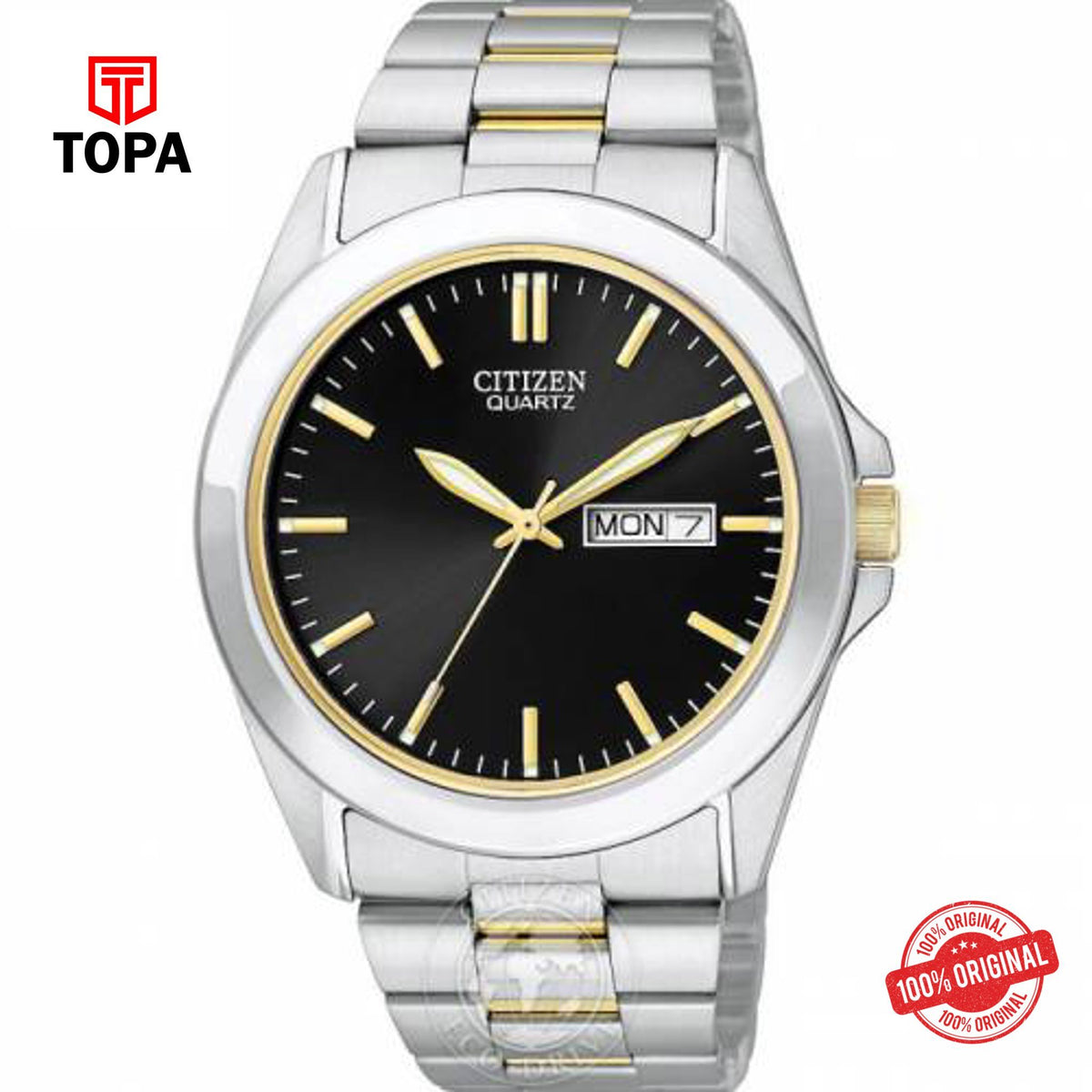 Topa Citizen-Mens-Quartz-Two-Tone-Bracelet-Watch-With-Black-Dial - Product Image 1