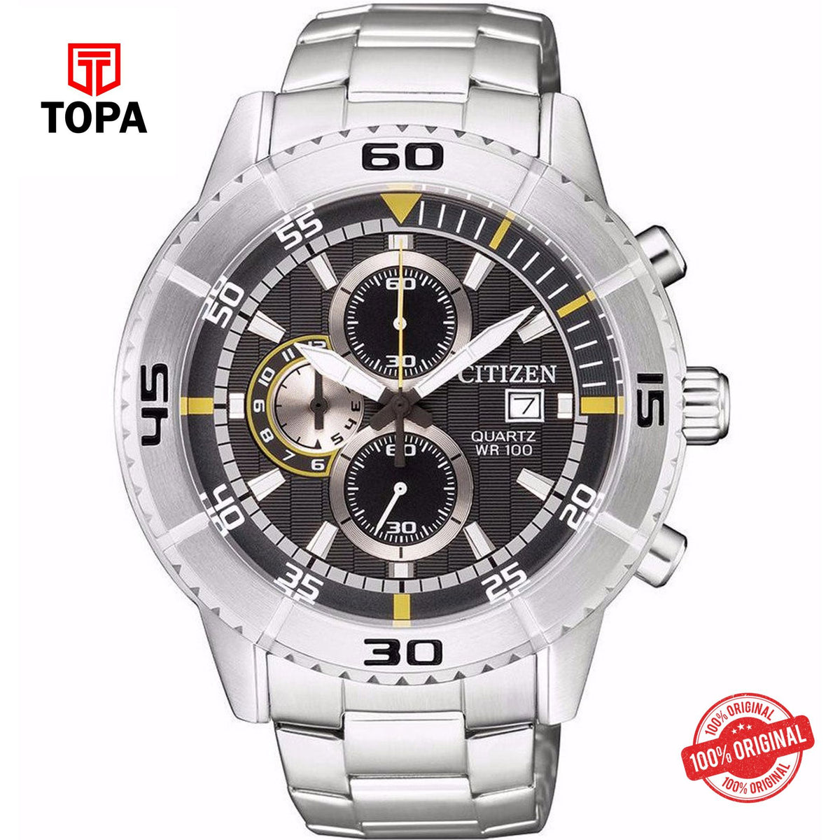 Topa Citizen-Mens-Stainless-Steel-Black-Dial-Chronograph-Authenti - Product Image 1