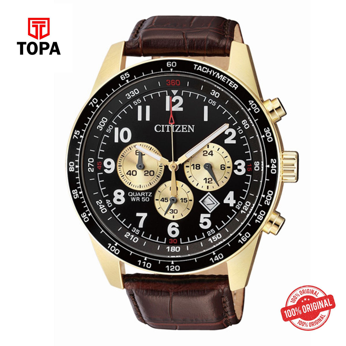 Topa Citizen-Quartz-Leather-Strap-Black-Dial-Chronograph-Mens-Wat - Product Image 1
