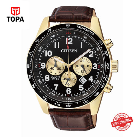Topa Citizen-Quartz-Leather-Strap-Black-Dial-Chronograph-Mens-Wat - Product Image 1