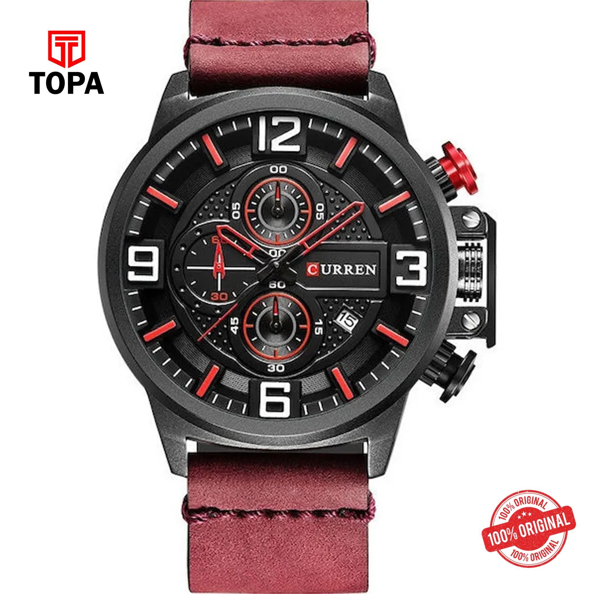 Topa Curren-8278-BLKRED-BLK-Leather-Band-Men-Watch - Product Image 1