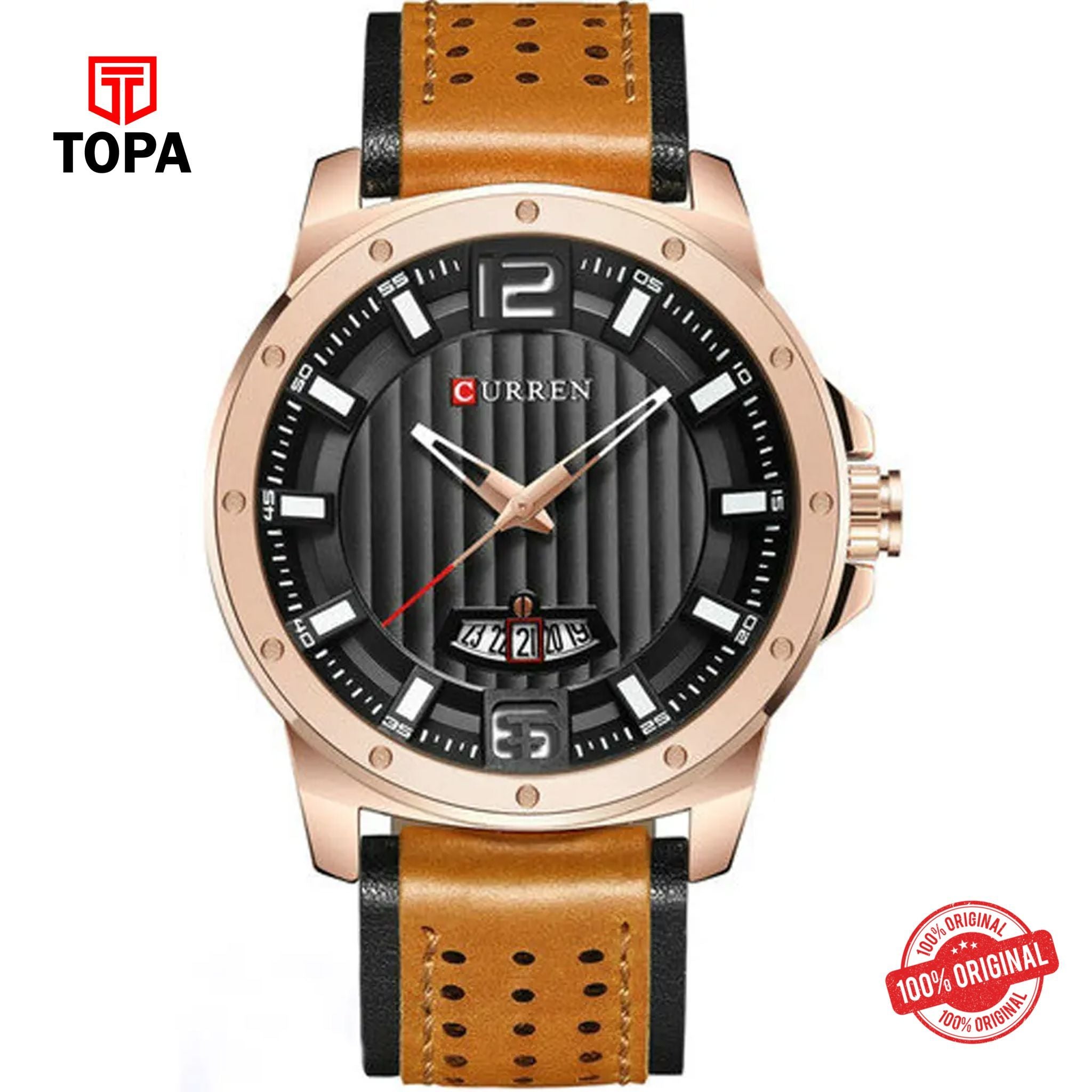 Topa Curren-8293-RSBRN-BLK-Leather-Band-Men-Watch - Product Image 1