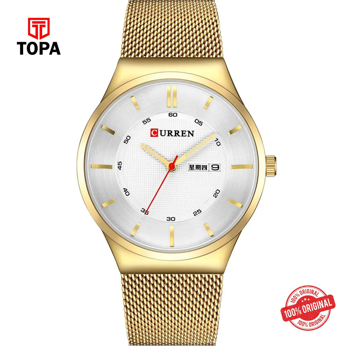 Topa Curren-8311-GLD-WHT-Mesh-Band-Men-Watch - Product Image 1