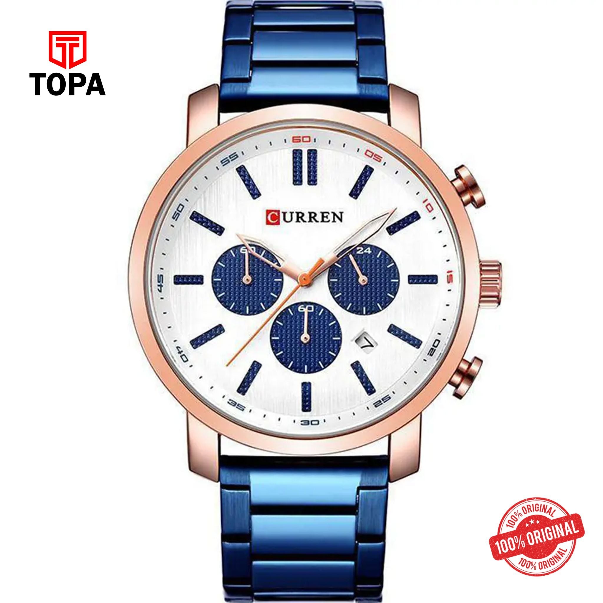 Topa Curren-8315-RSBLU-WHT-Metal-Band-Men-Watch - Product Image 1