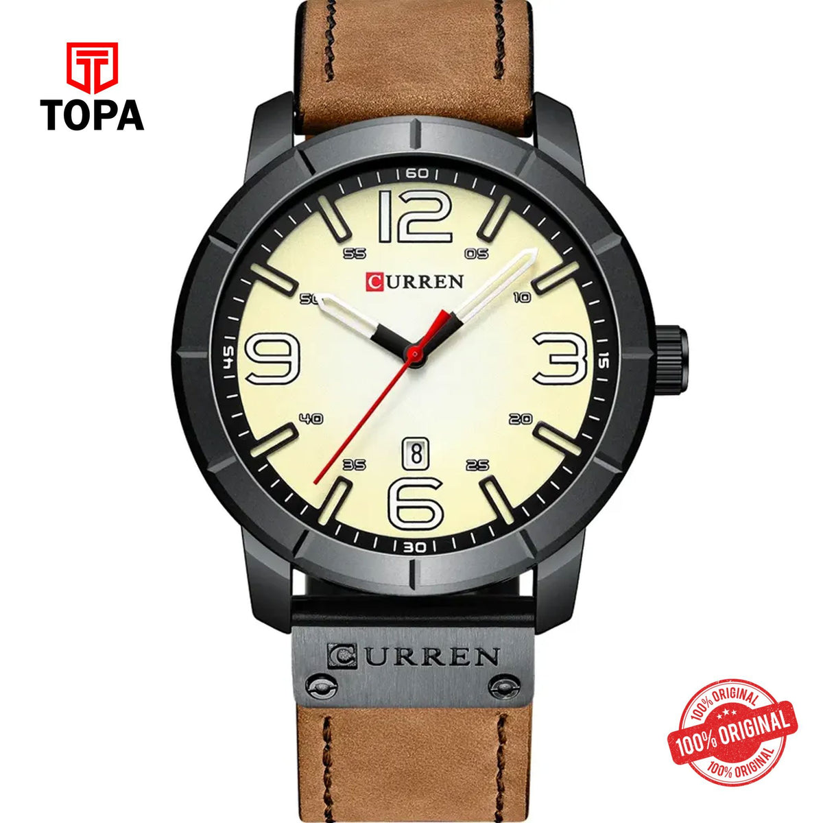 Topa Curren-8327-BLKBRN-CRM-Leather-Band-Men-Watch - Product Image 1