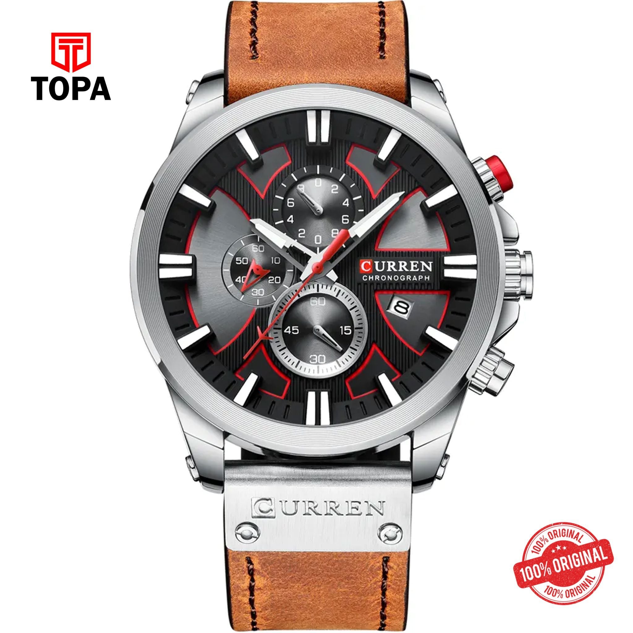 Topa Curren-8346-CHBRN-BLK-Leather-Band-Men-Watch - Product Image 1