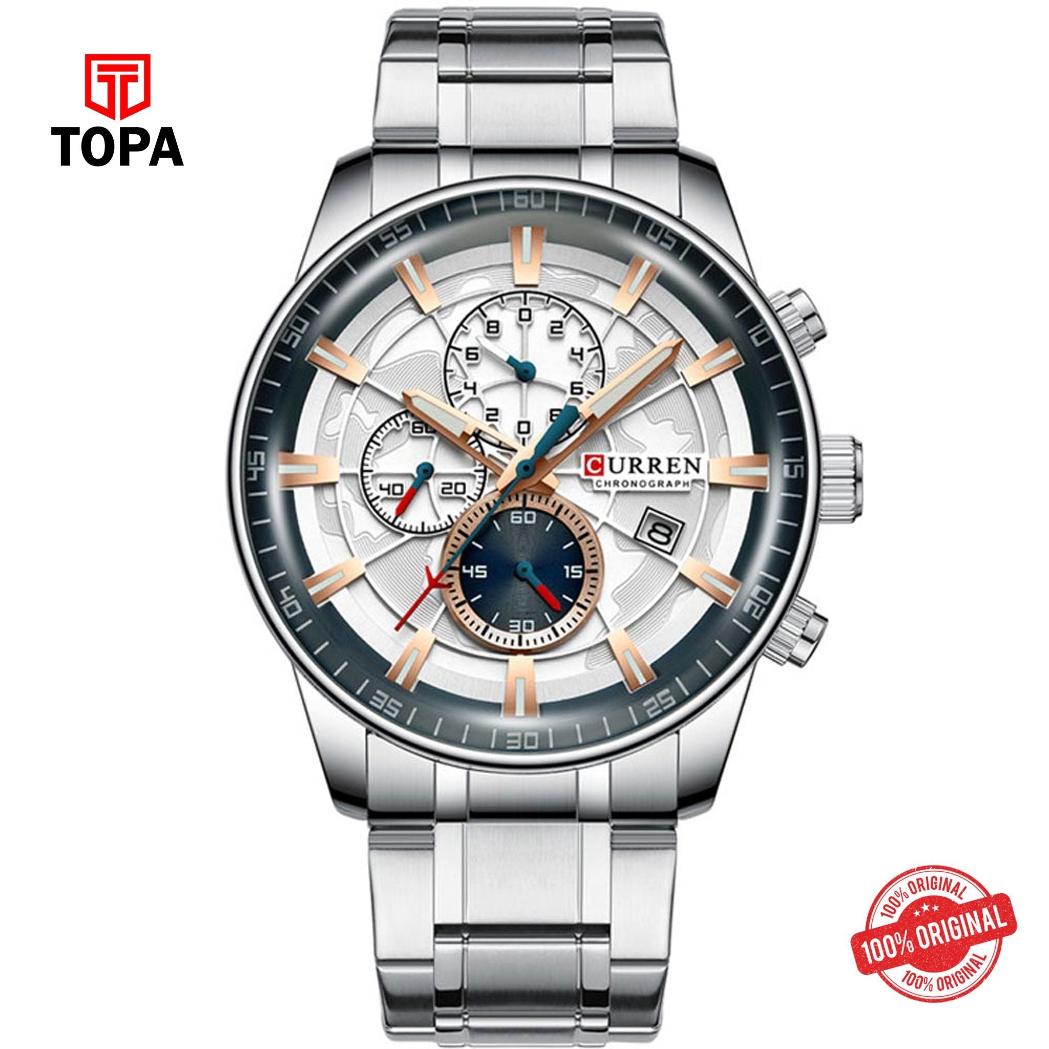 Topa Curren-8362-CH-WHT-Metal-Band-Mens-Watch - Product Image 1