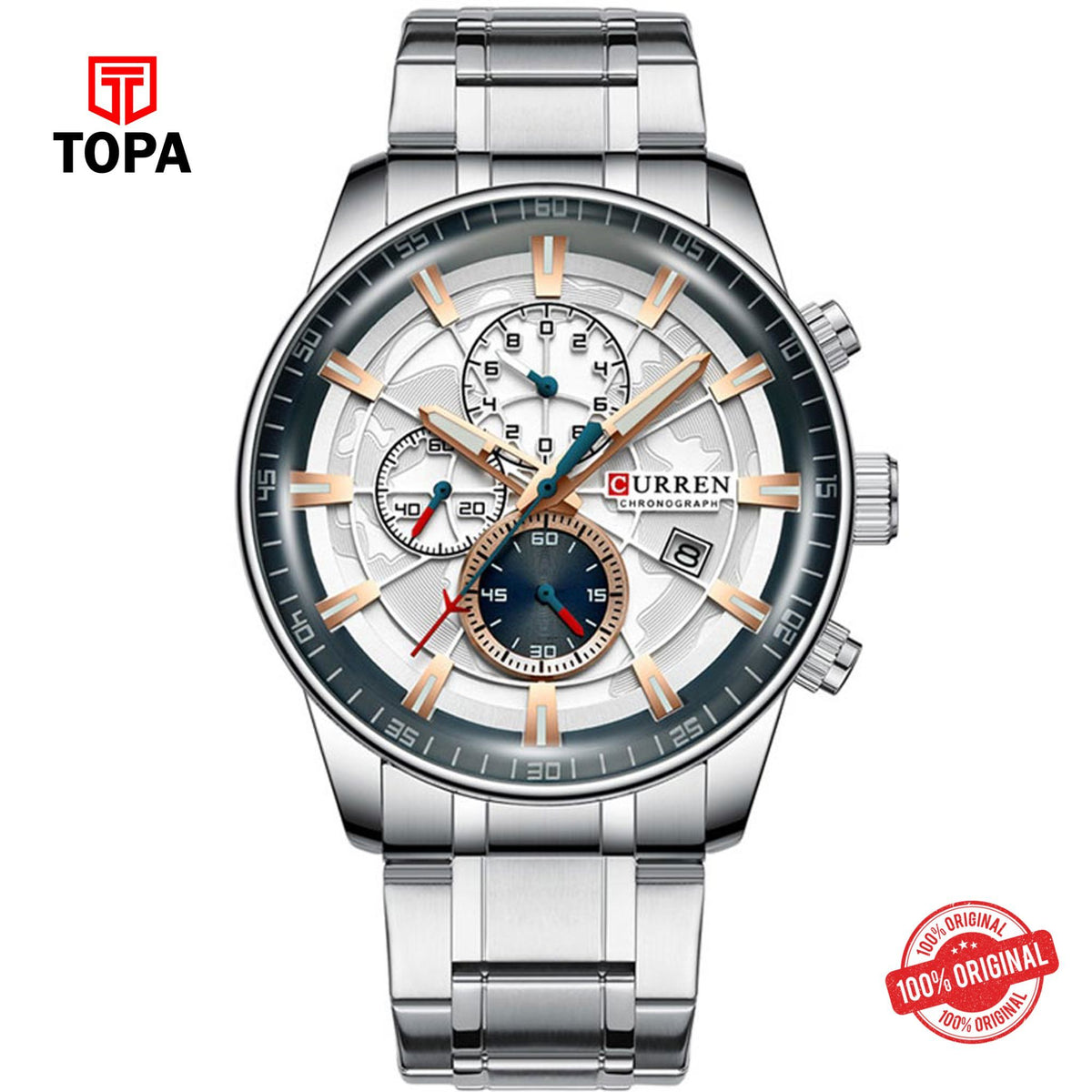 Topa Curren-8362-CH-WHT-Metal-Band-Mens-Watch - Product Image 1