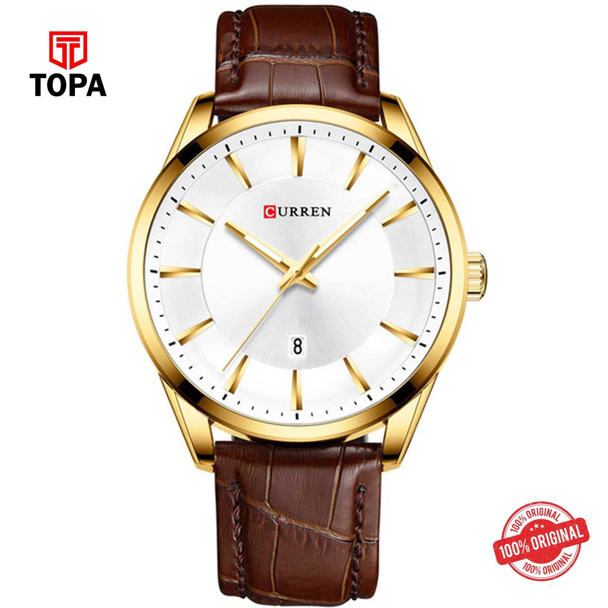 Topa Curren-8365-GDBRN-WHT-Leather-Band-Men-Watch - Product Image 1