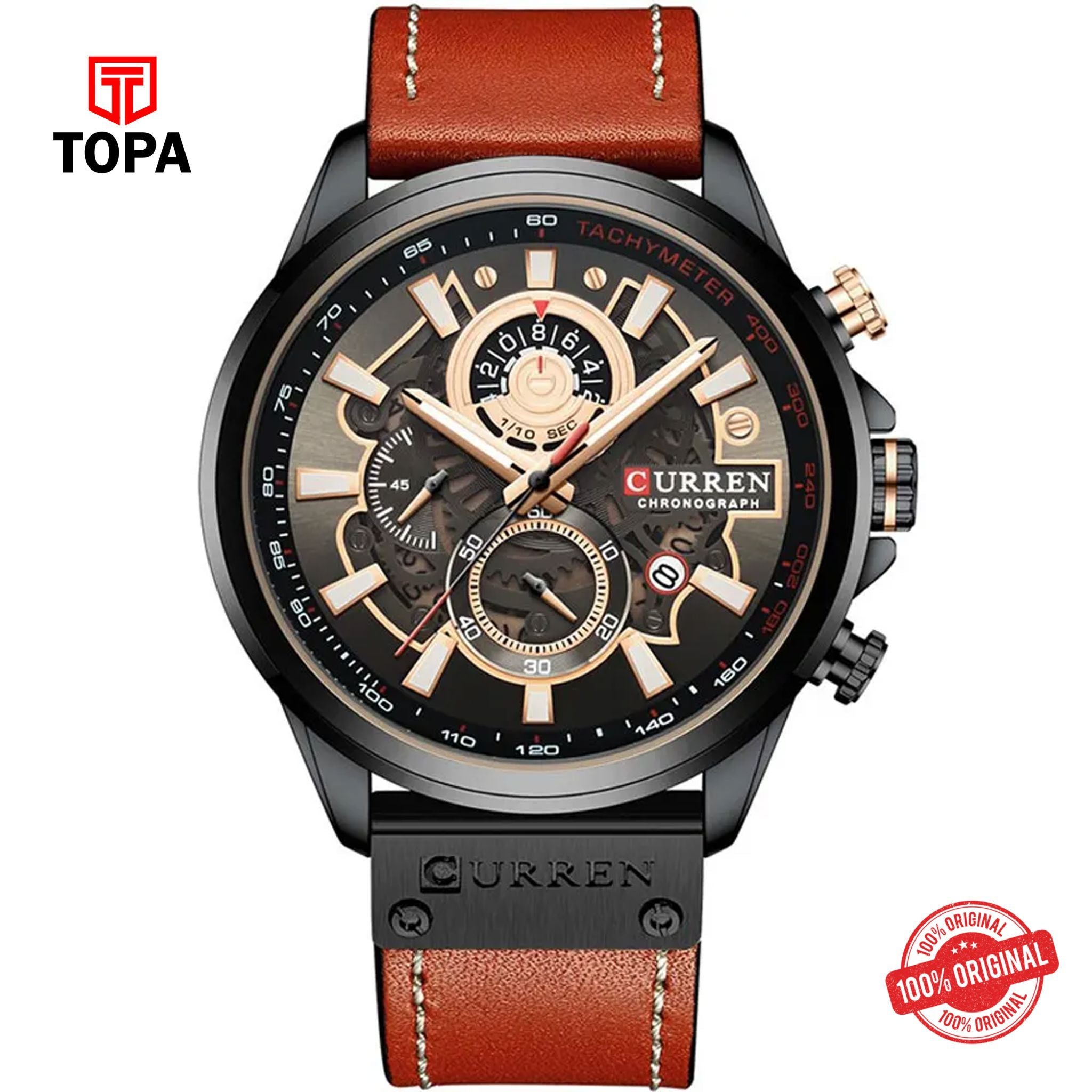 Topa Curren-8380-BLKBRN-BLK-Leather-Band-Men-Watch - Product Image 1
