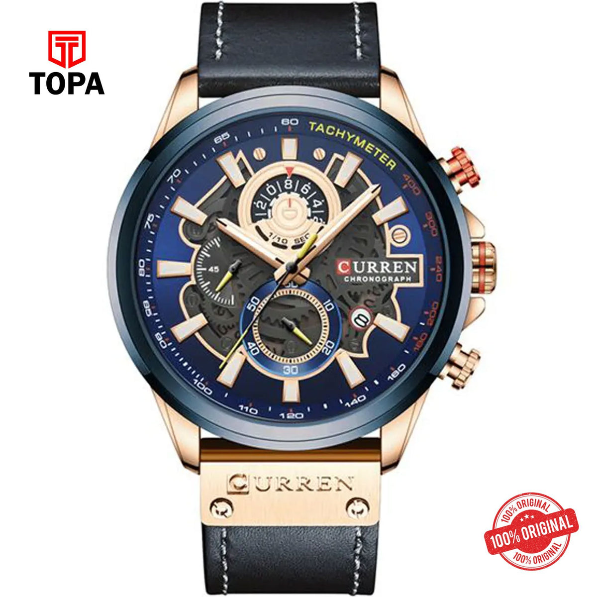 Topa Curren-8380-RSBLK-BLU-Leather-Band-Men-Watch - Product Image 1