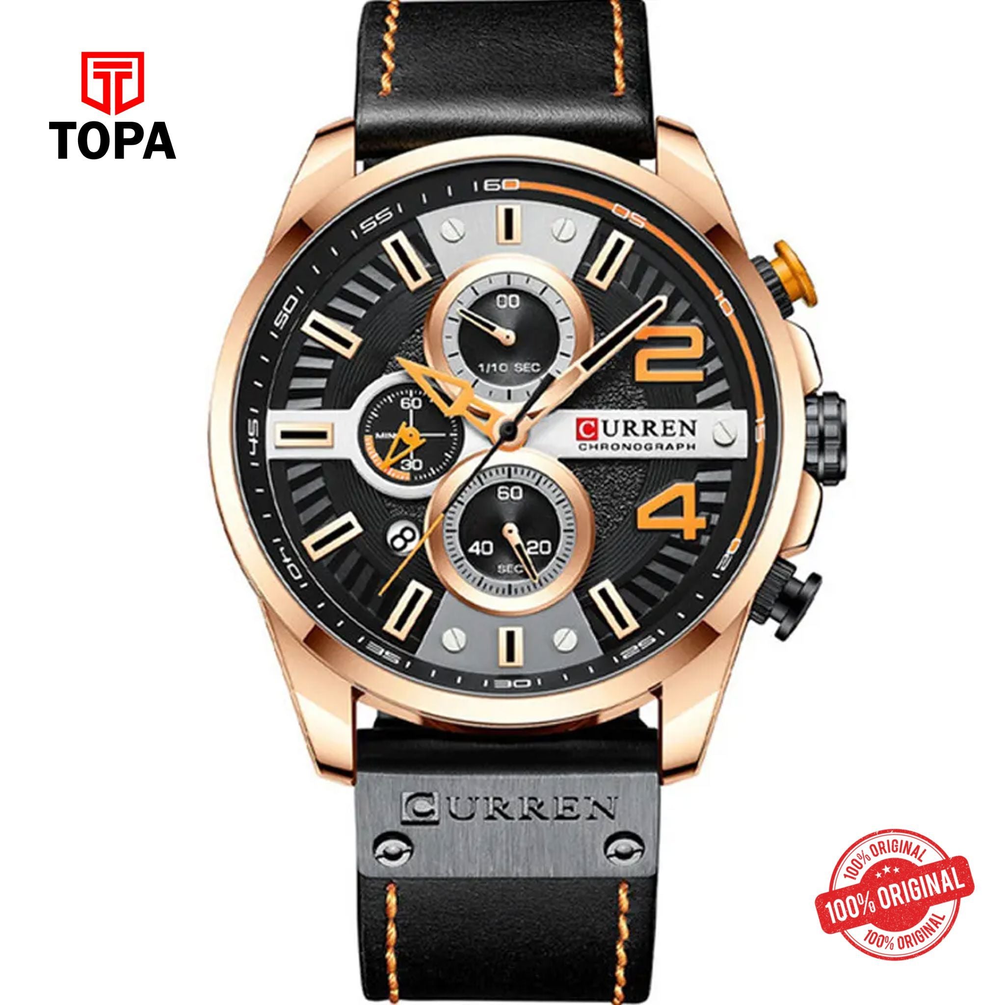 Topa Curren-8393-RSBLK-BLK-Leather-Band-Men-Watch - Product Image 1