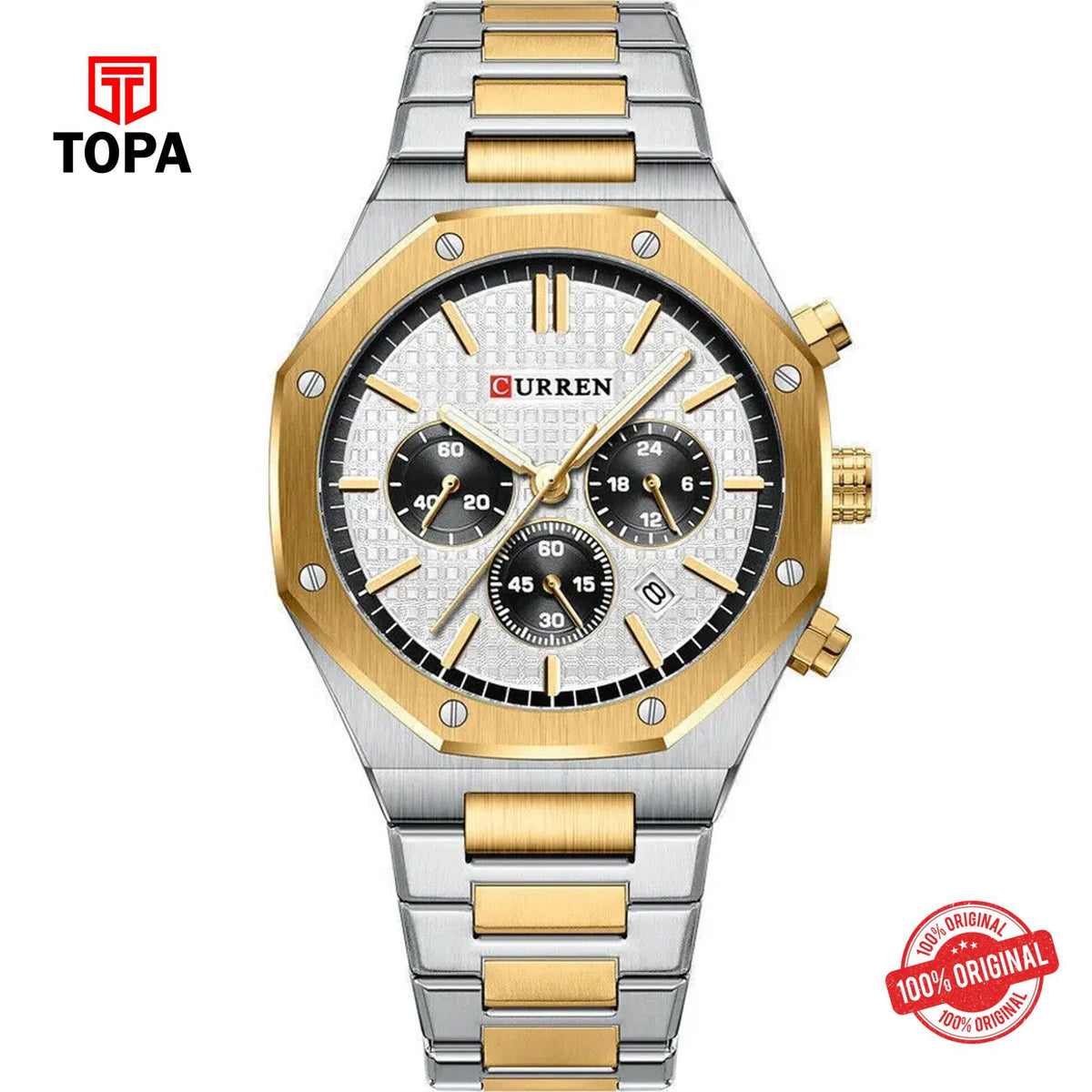 Topa Curren-8440-TTGLD-WHT-Metal-Band-Men-Watch - Product Image 1