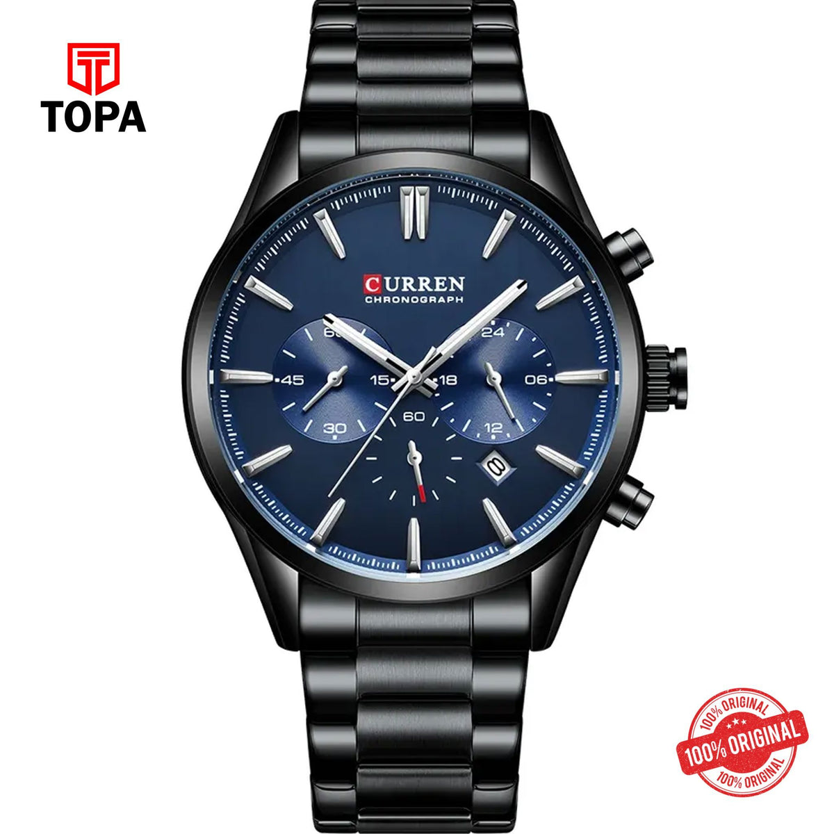 Topa Curren-8446-BLK-BLU-Metal-Band-Men-Watch - Product Image 1