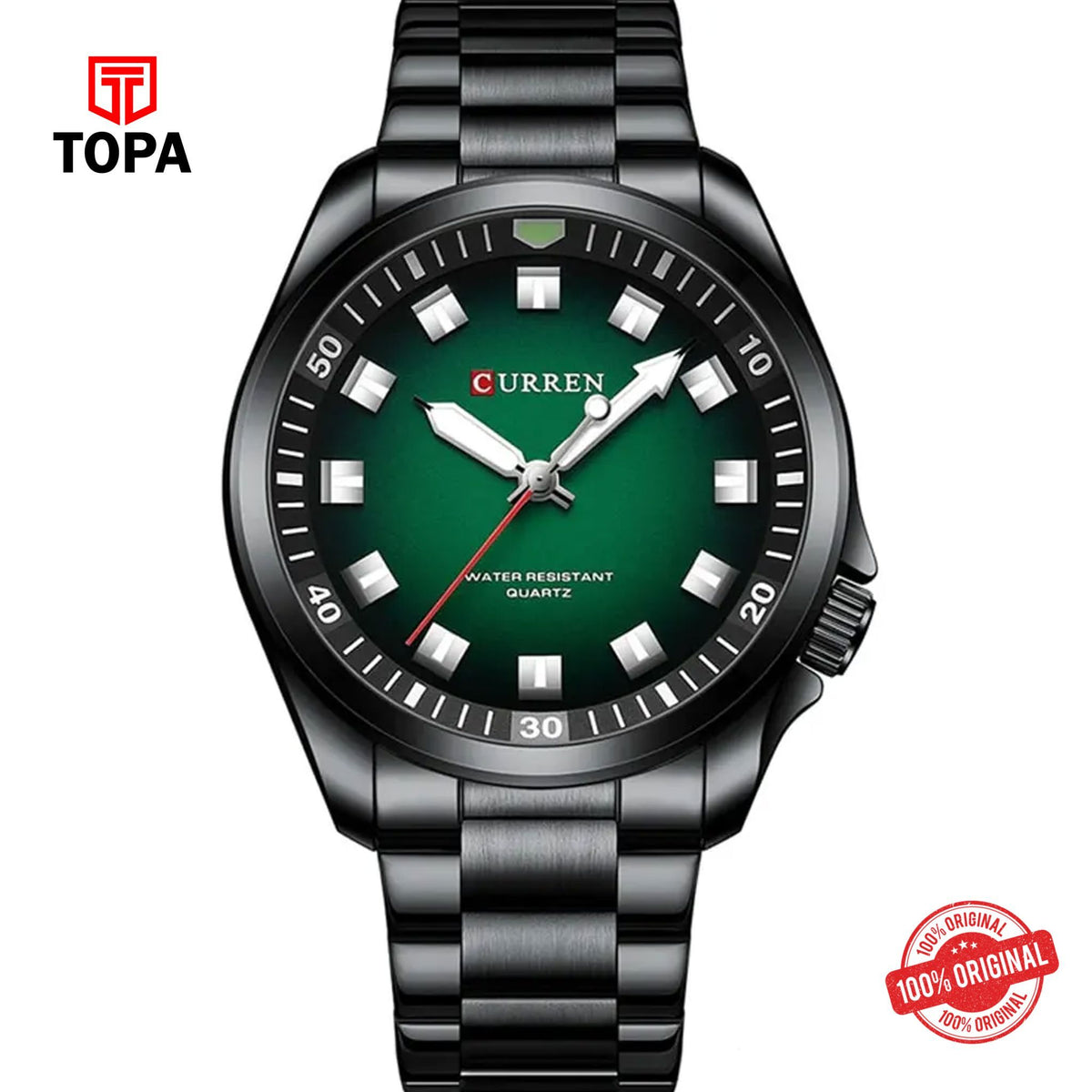 Topa Curren-8451-BLK-GRN-Metal-Band-Men-Watch - Product Image 1