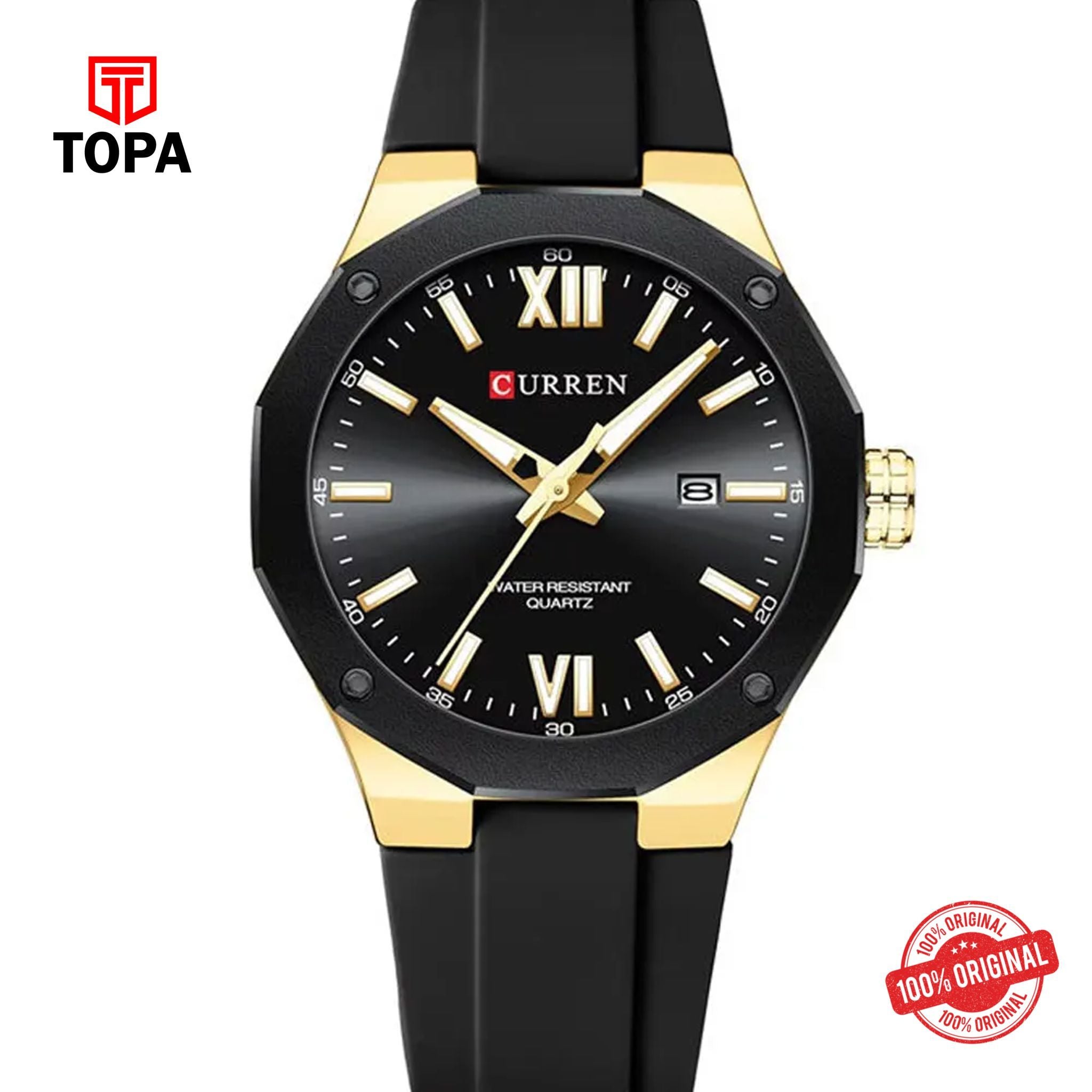 Topa Curren-8465G-GLD-BLK-Rubber-Band-Men-Watch - Product Image 1